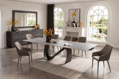 Kitchen Tables and Chairs Sets 9087 Table Dark grey with 1254 chairs and Vulcano Buffet/mirror
