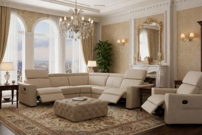 6021 Cream Sectional and armchair w/ manual recliners