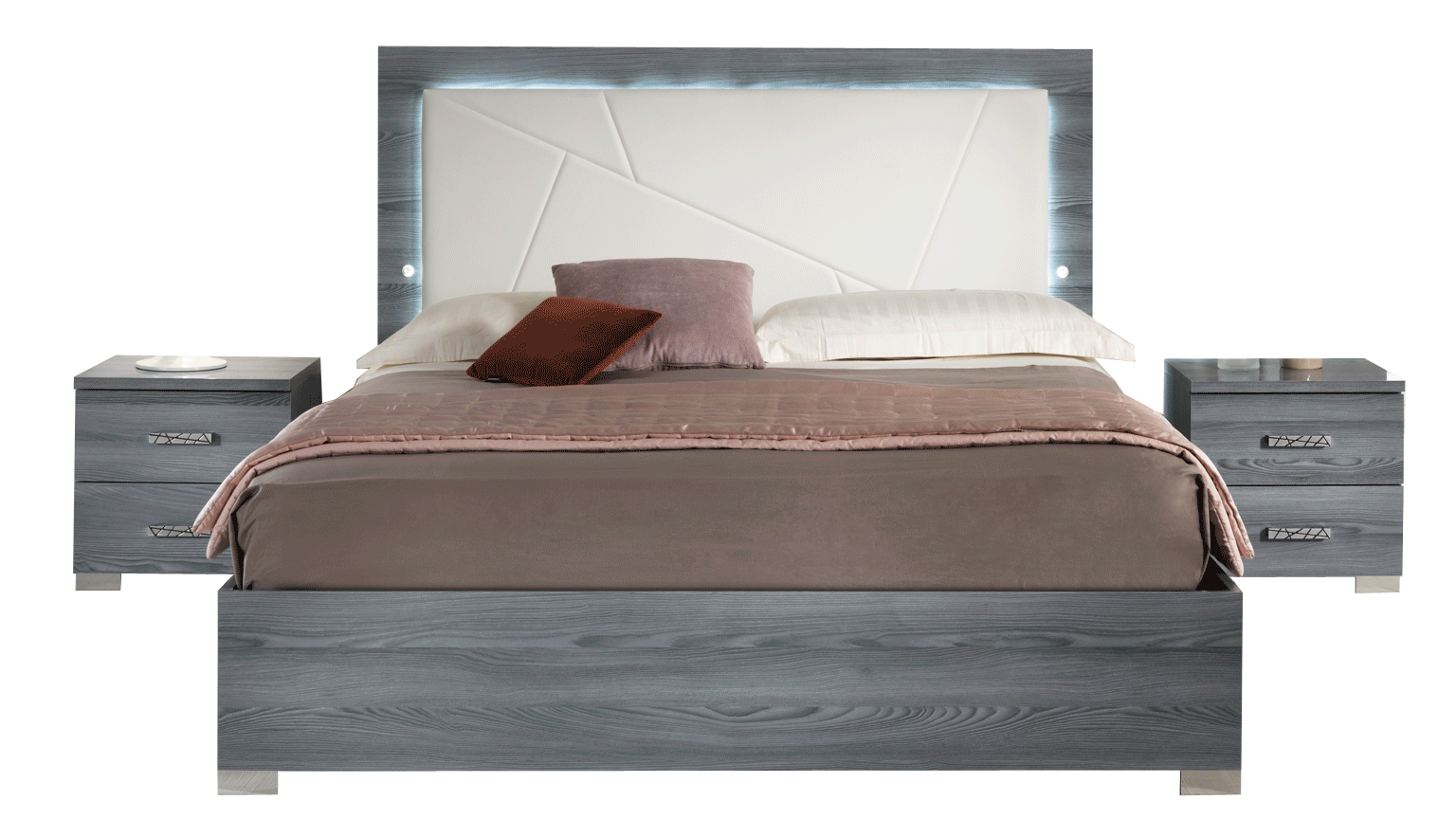 Bedroom Furniture Mattresses, Wooden Frames Nicole Bed w/ Upholstered HB in Grey w/ Light