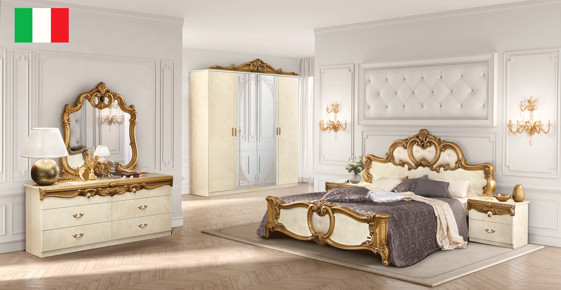 Bedroom Furniture Beds Barocco Ivory w/Gold Bedroom