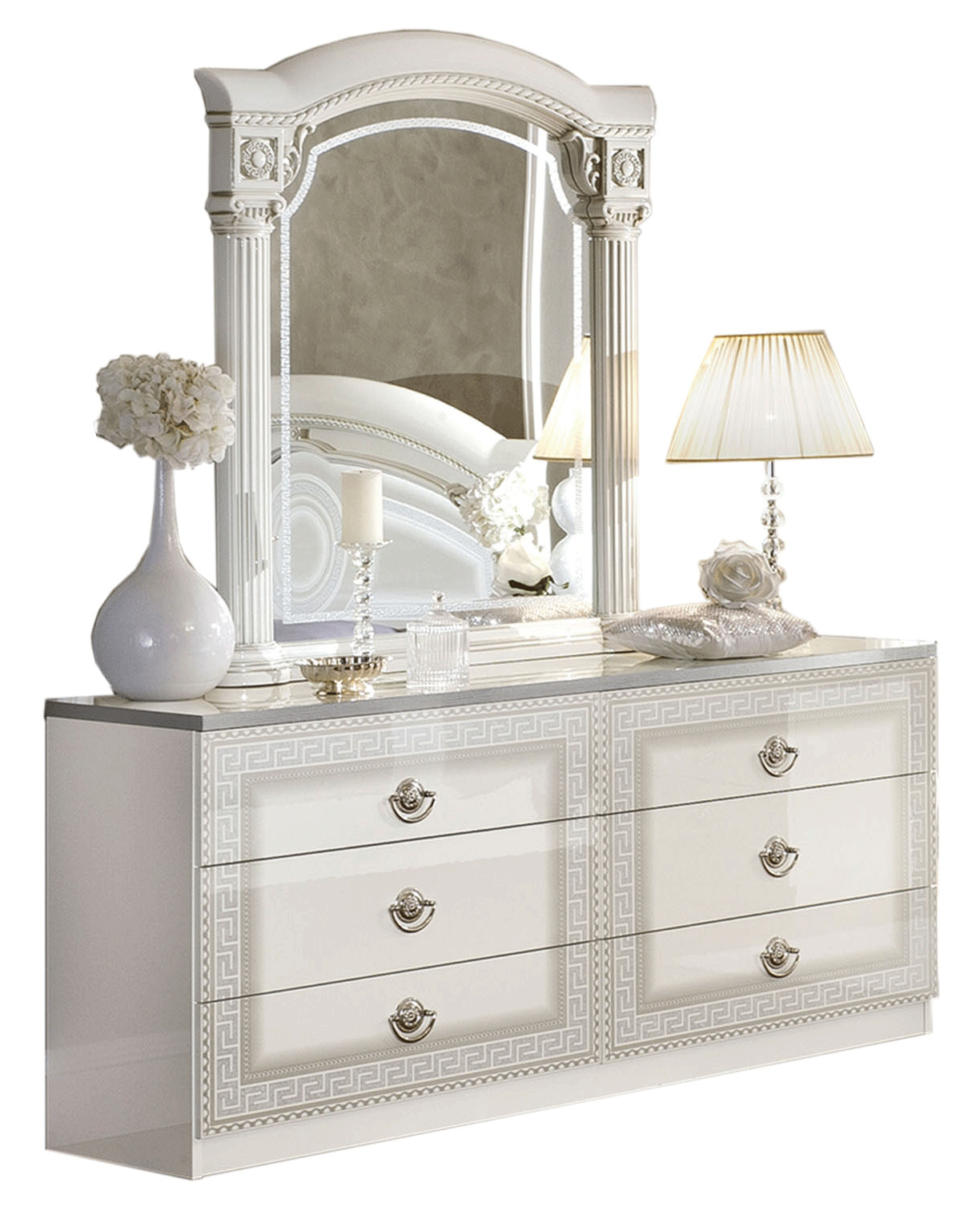 Bedroom Furniture Classic Bedrooms QS and KS Aida White Silver Dresser