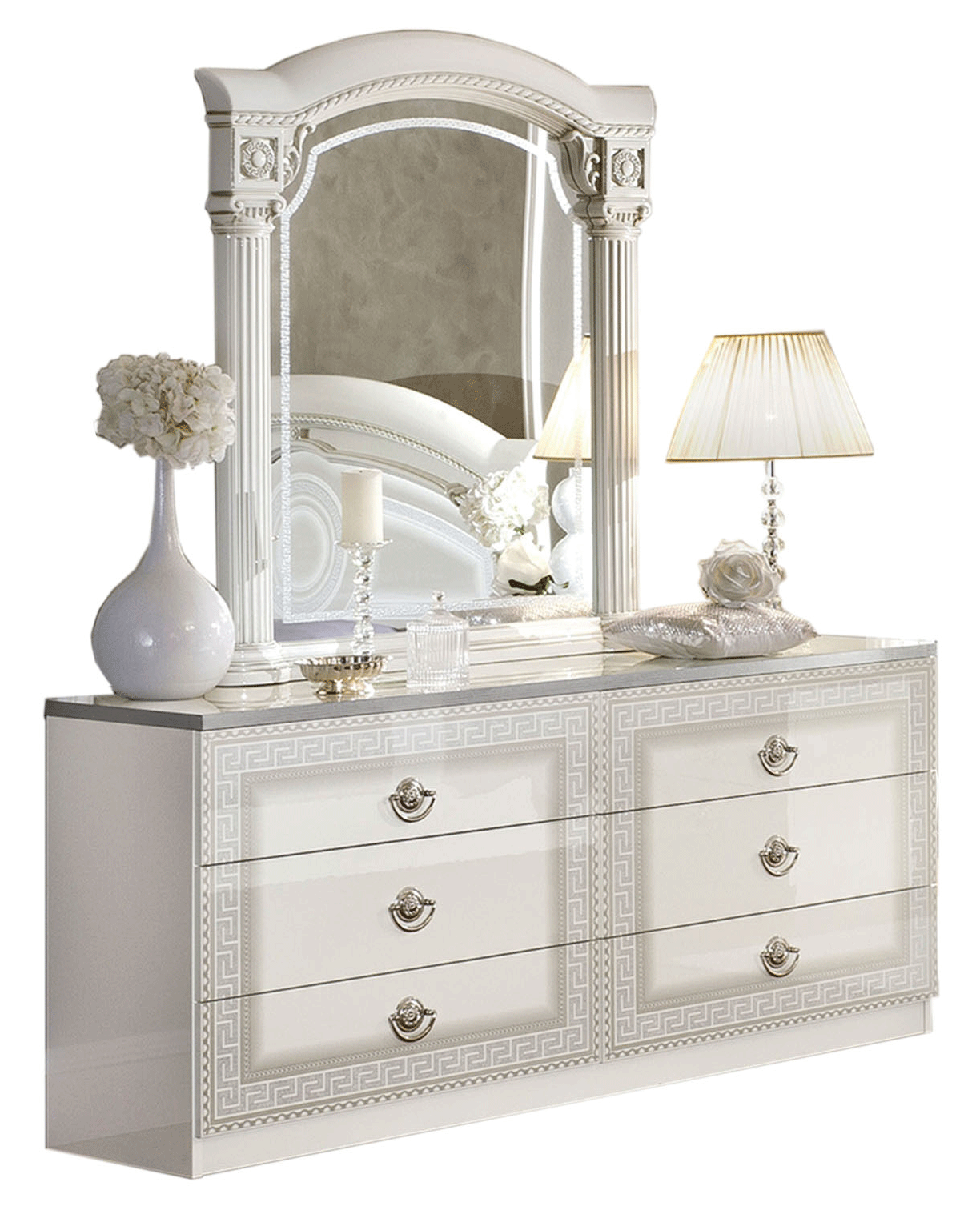 Bedroom Furniture Modern Bedrooms QS and KS Aida White Silver Dresser