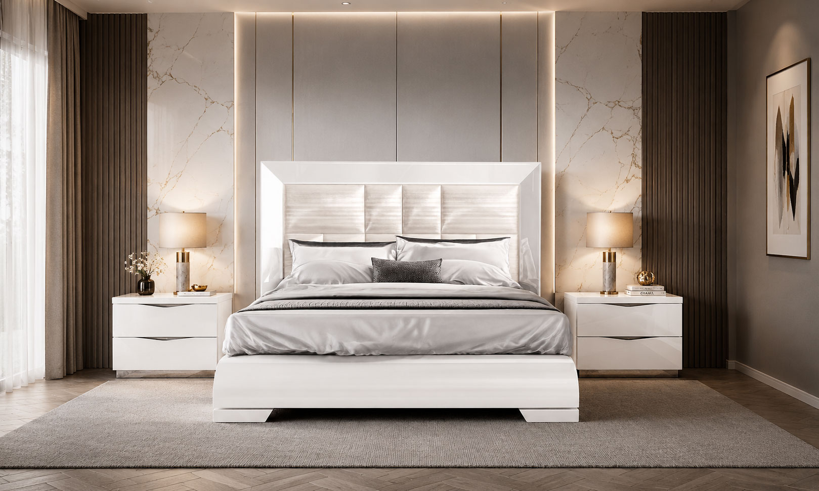 Bedroom Furniture Modern Bedrooms QS and KS Carmen Bed with Onda Nightstands