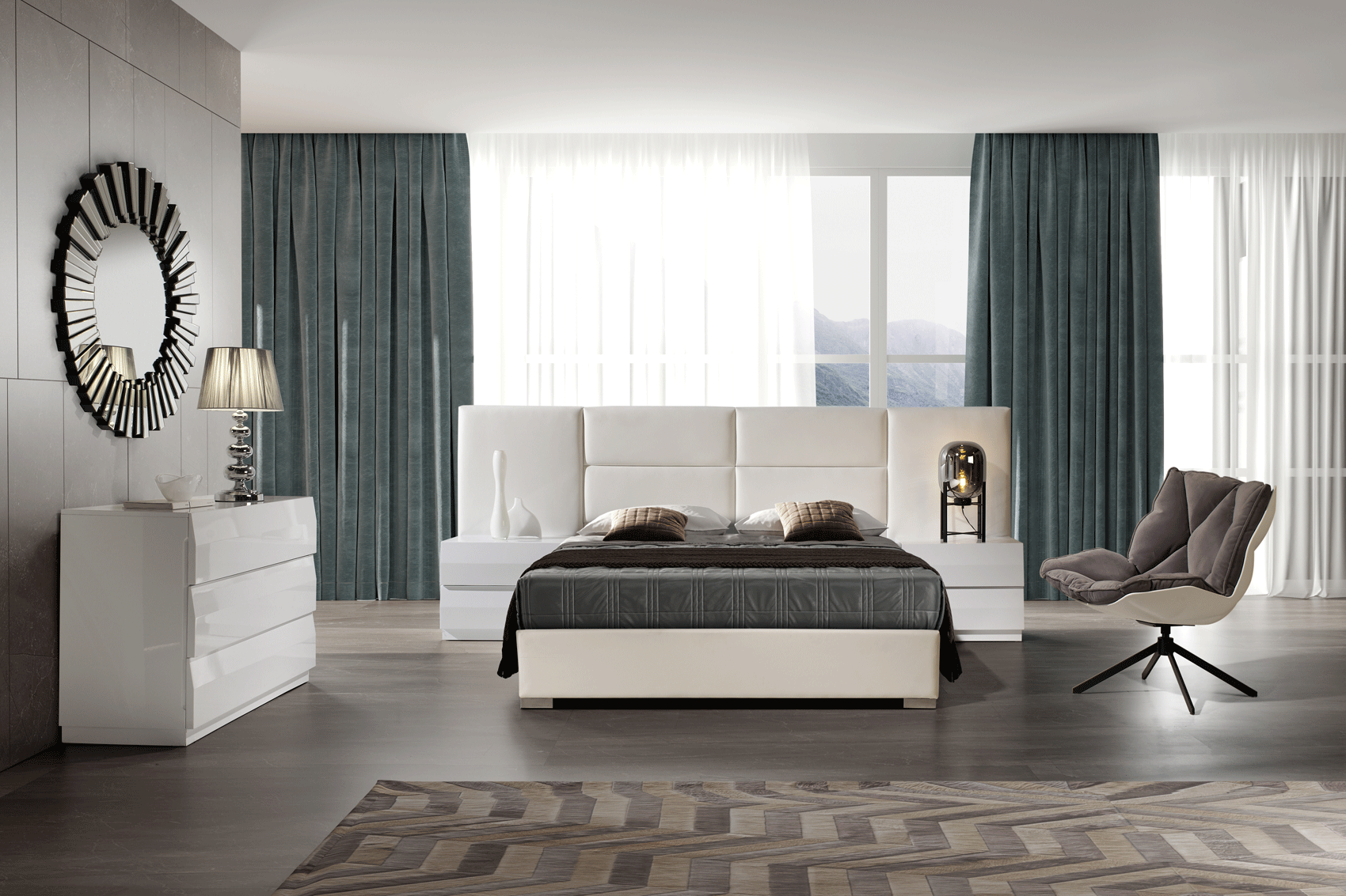 Bedroom Furniture Modern Bedrooms QS and KS 851 Sara Bed w/Wings, M-152, C-152, E-100, DC-506, YP440-N