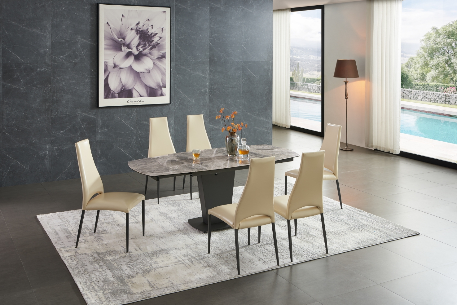 Living Room Furniture Coffee and End Tables 2417 Marble Table Grey with 3405 Chairs Beige