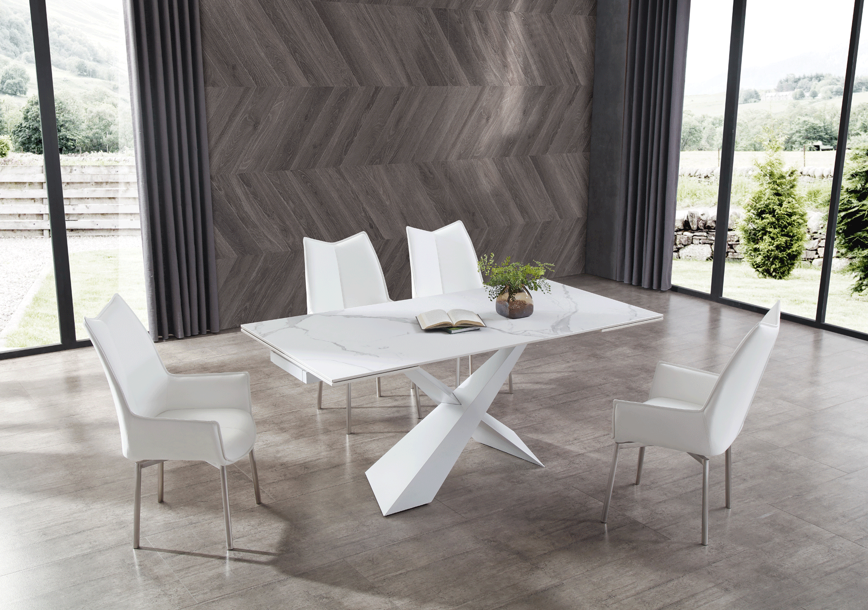 Dining Room Furniture Marble-Look Tables 9113 Dining Table with 1218 swivel White Chairs