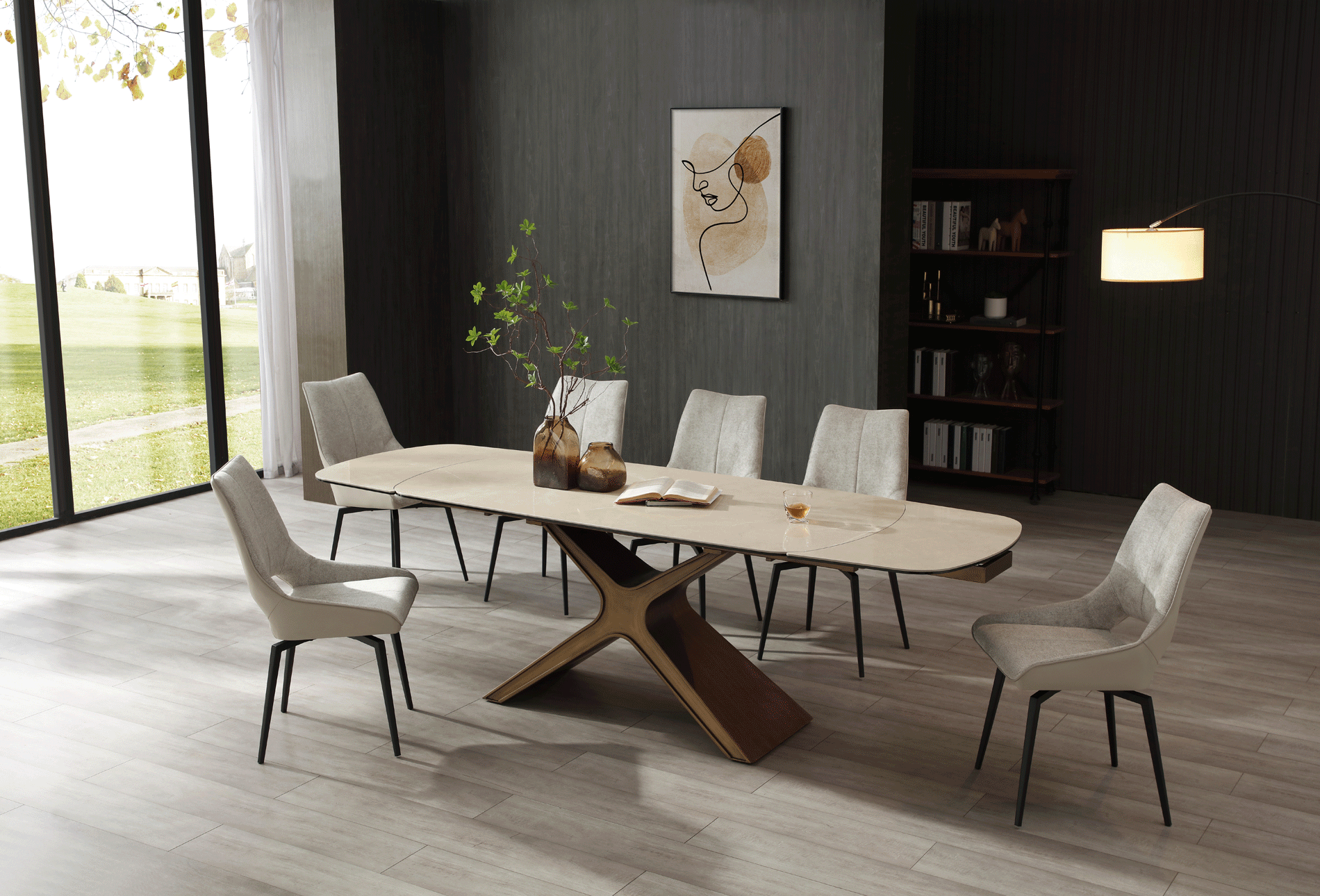Dining Room Furniture Marble-Look Tables 9368 Table Taupe with 1239 swivel beige chairs