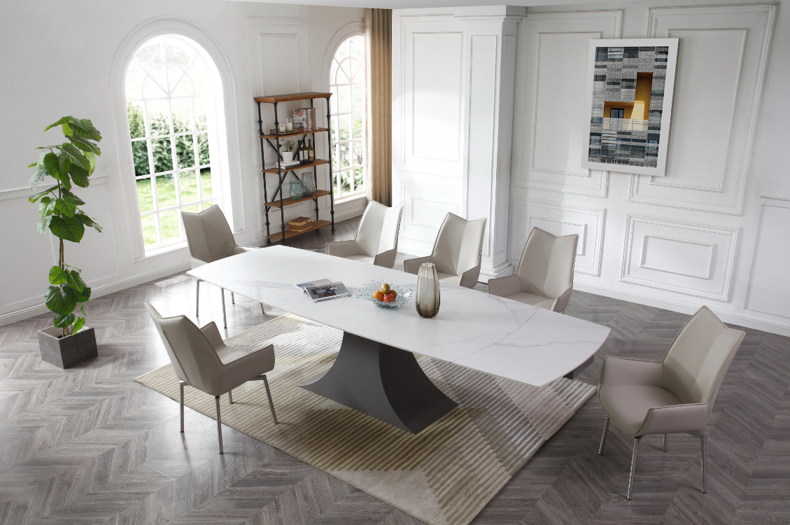 Dining Room Furniture Marble-Look Tables 9437 Dining Table with 1218 swivel grey taupe chairs