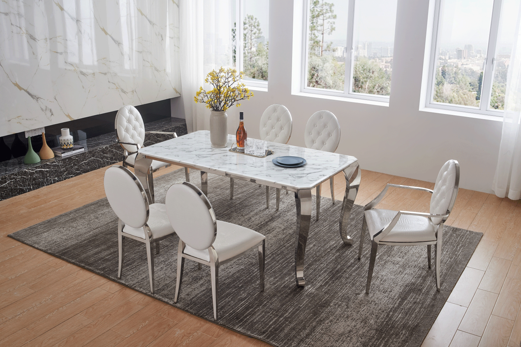 Brands Franco AZKARY II SIDEBOARDS, SPAIN 110 Marble Dining Table with 110 White Chairs