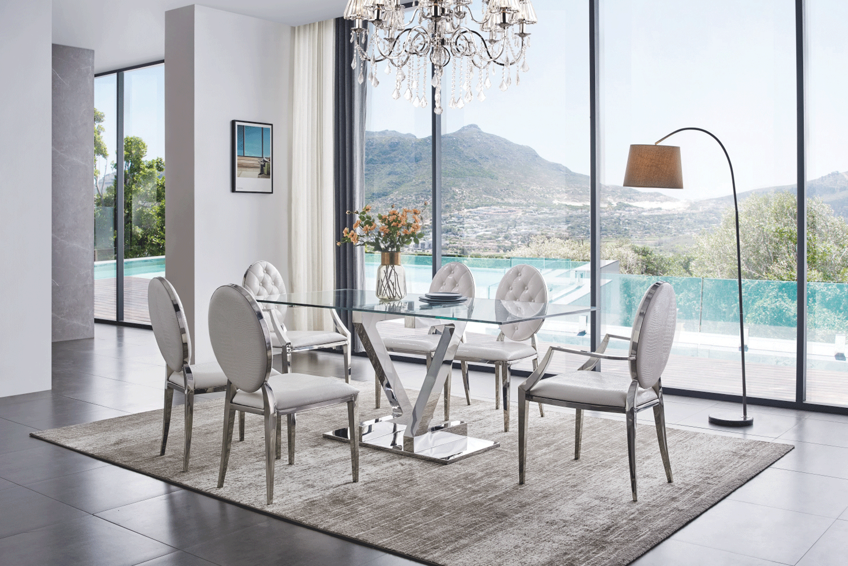 Living Room Furniture Reclining and Sliding Seats Sets Zig Zag Dining Table with 110 White Chairs