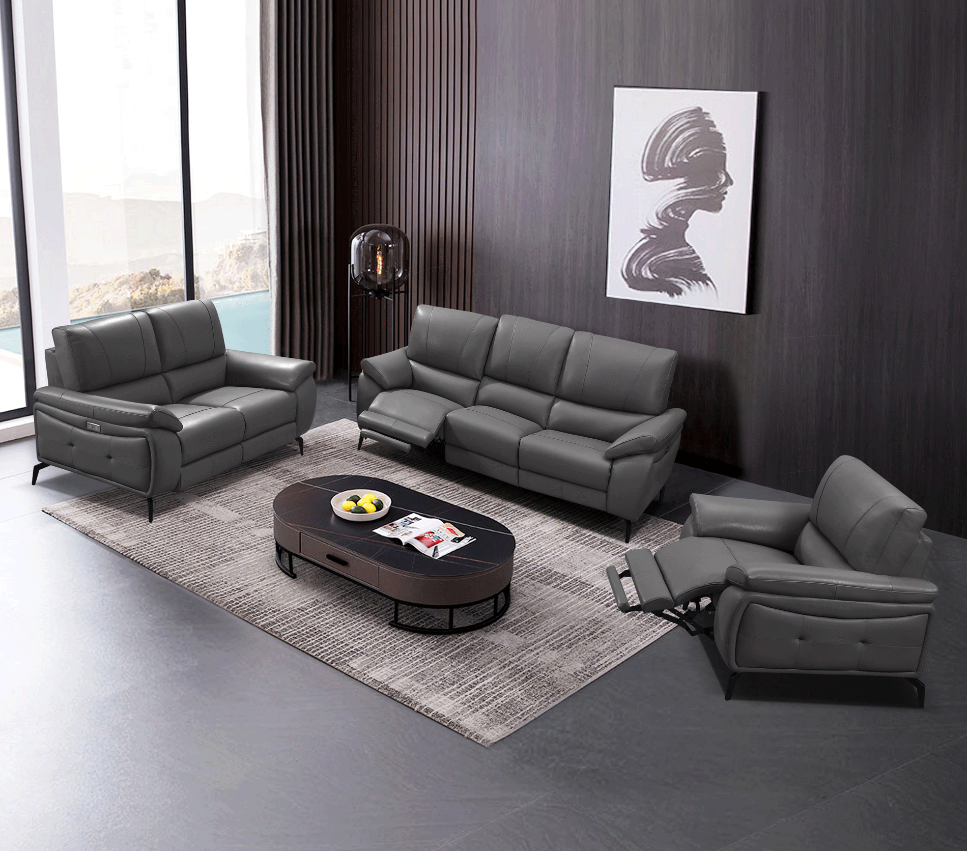 Living Room Furniture Coffee and End Tables 2934 Dark Grey w/ electric recliners